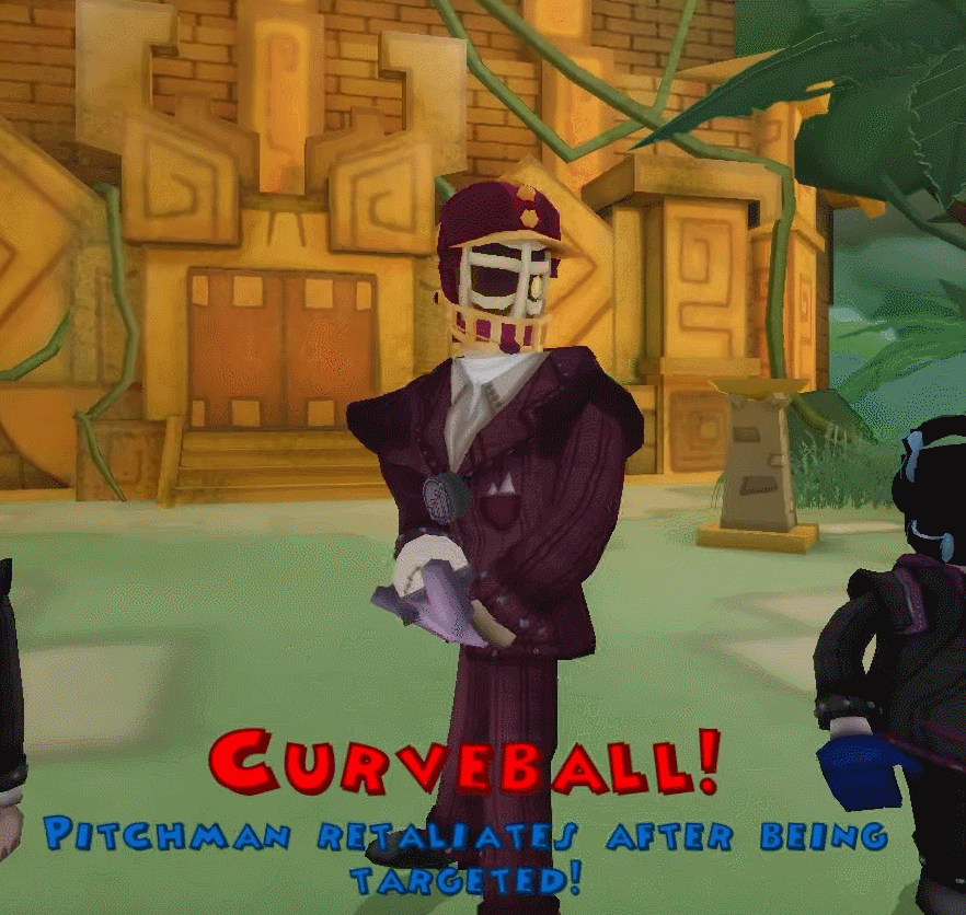 Pitchman using his "curve ball" attack, winding up before hitting a toon with a baseball.