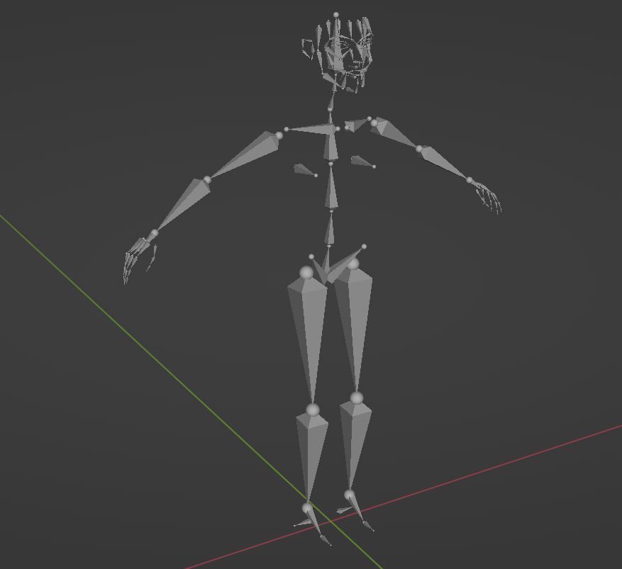 Default rigify skeleton-rig comprised of multiple bones that form the shape of a human.